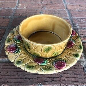 Sarreguemines Vintage Majolica Jam Pot Fruit Dish Size 8”Diameter